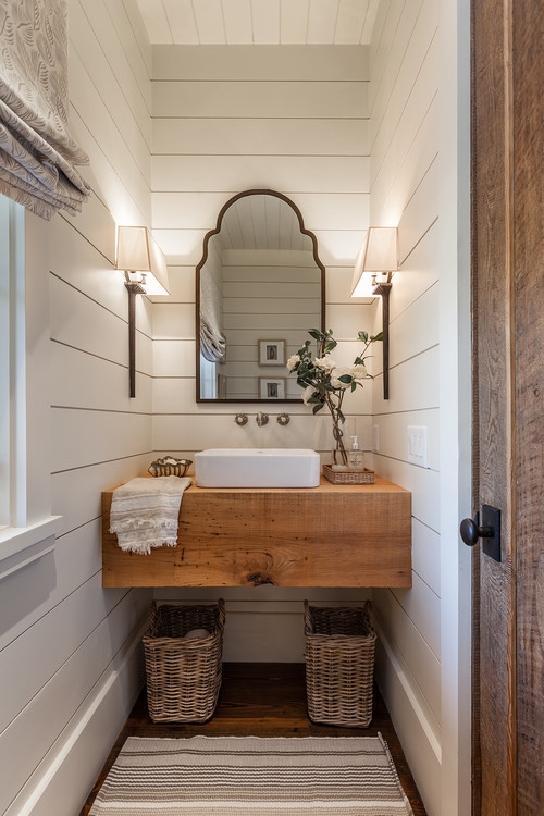 Farmhouse Powder Room with Floating Wood Block Vanity and Shiplap