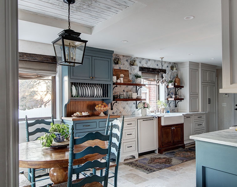 Farmhouse Sink in Blue French Country Kitchen with Diagonal Tile