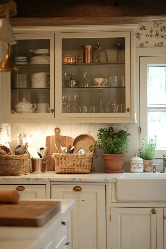 Farmhouse Sink with Glass Front Cabinets and Wicker Baskets
