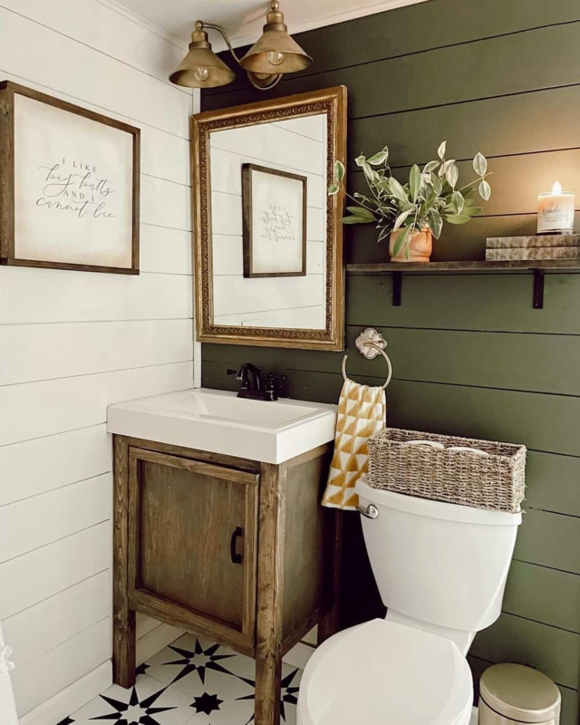 Farmhouse Vanity with Green Shiplap Accent Wall & Starburst Tile