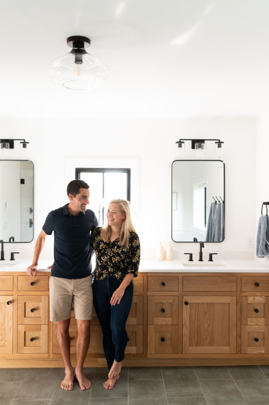 Farmhouse Wood Double Vanity with Black Framed Mirrors