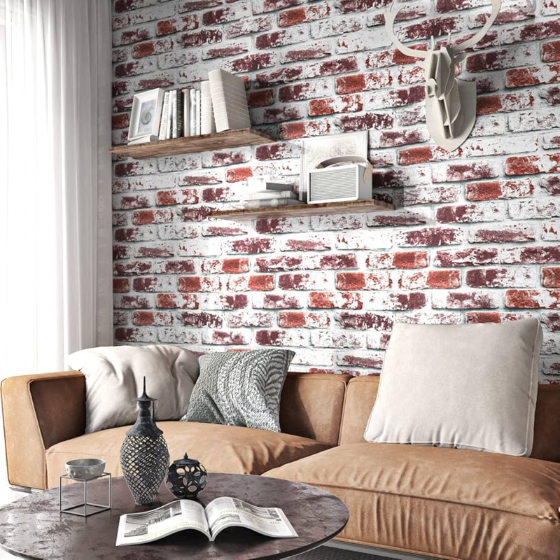 Faux Brick Wallpaper: Distressed Red & White Pattern Idea