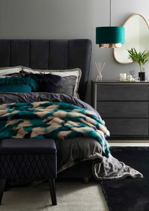 Faux Fur Bed Styling with Organic Gold Mirror in Modern Decor