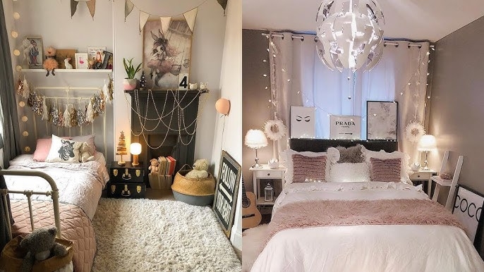 Feminine Bedroom Collage, Ambient Lighting Layers, Blush and White