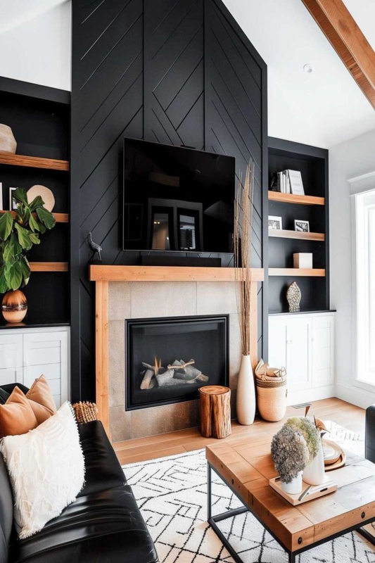 Fireplace with Black Geometric Wall and Wood Mantel Accent