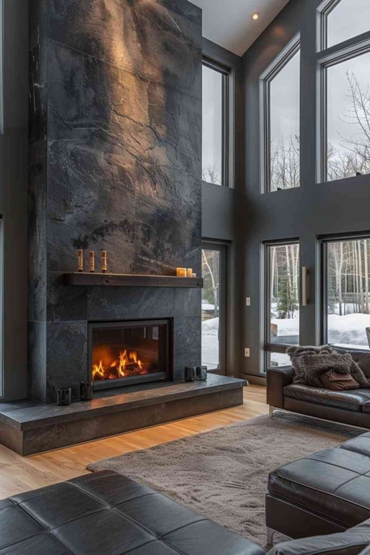 Fireplace with Floor to Ceiling Stone and Dramatic Scenic Winter View