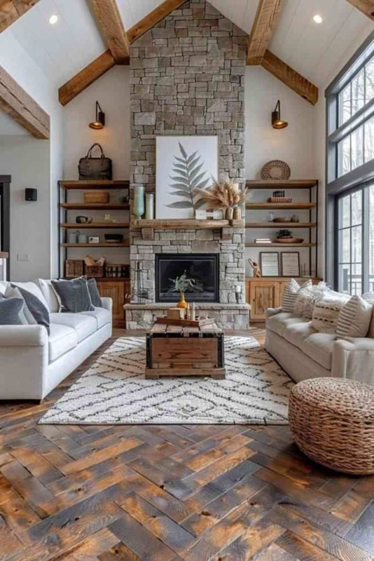 Fireplace with Floor to Ceiling Stone and Vaulted Exposed Beams