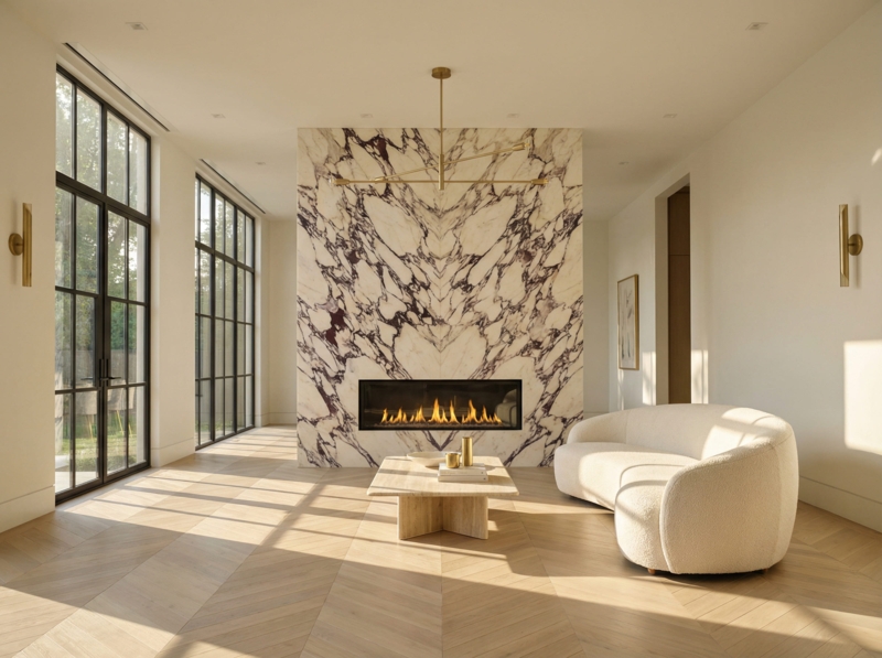 Fireplace with Luxury Bookmatched Marble Wall and Curved Boucle Sofa
