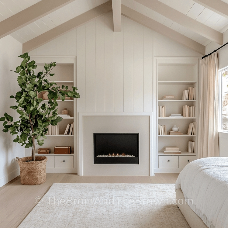 Fireplace with Minimalist Design and Symmetrical Built-ins