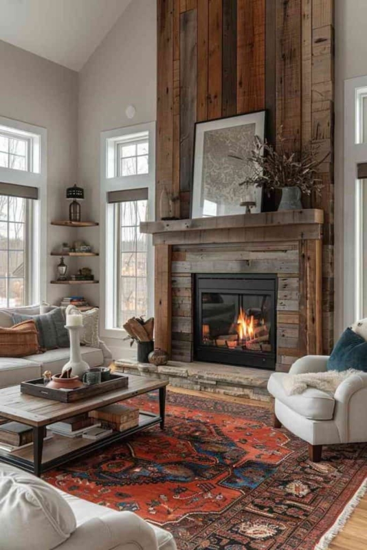 Fireplace with Reclaimed Wood Wall and Rustic Decor and Vibrant Rug