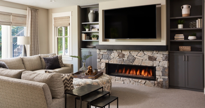 Fireplace with Stacked Stone Surround and Transitional Charcoal Built-ins