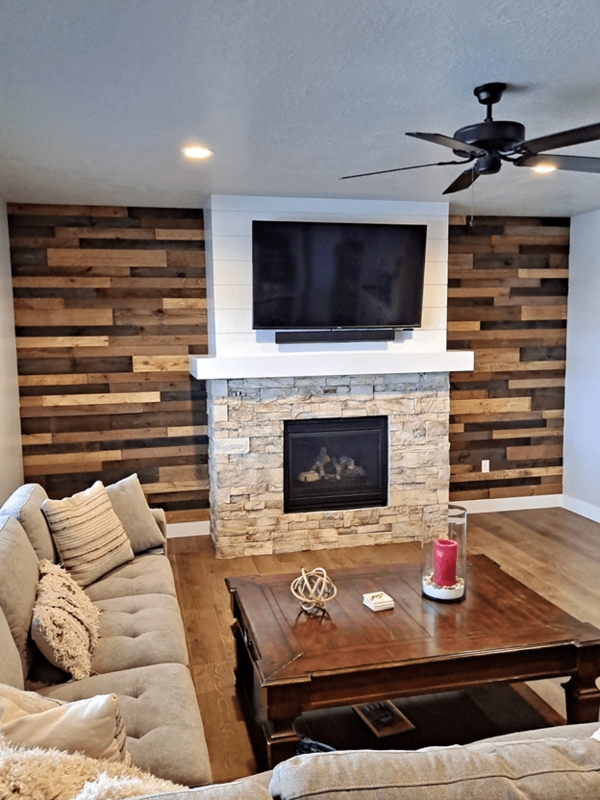 Fireplace with White Floating Mantel and Rustic Wood Accent Wall