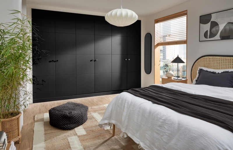 Fitted Wardrobe Matte Black Finish Cane Accent Headboard Grid Panels