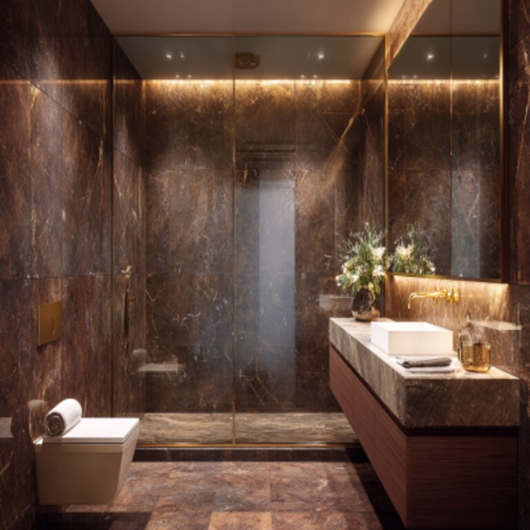 Floating Bathroom Vanity with Brown Marble Walls and Gold Accents