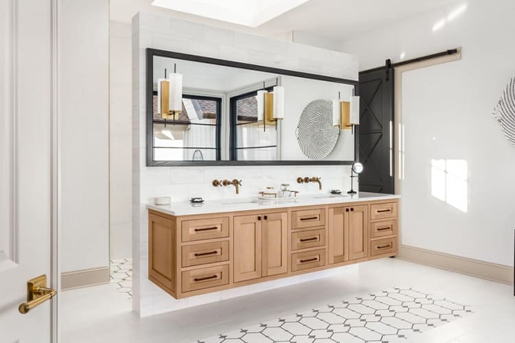 Floating Double Vanity with Geometric Floor & Barn Door
