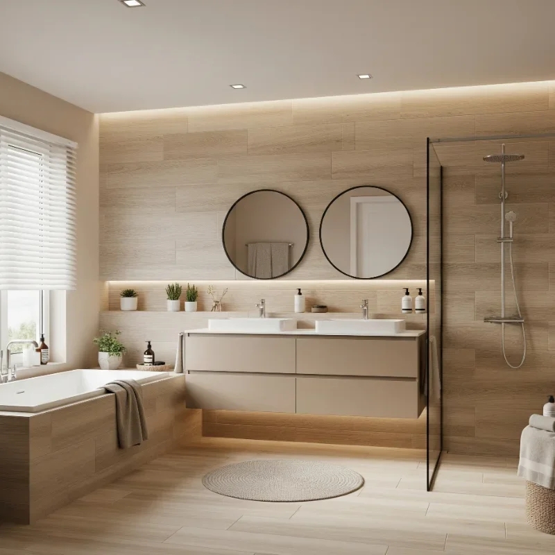 Floating Double Vanity with Wood-Look Tiles & LED Lighting Design