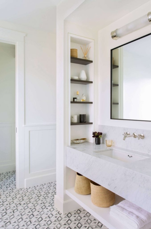 Floating Marble Vanity Design with Recessed Wall Shelving Niche