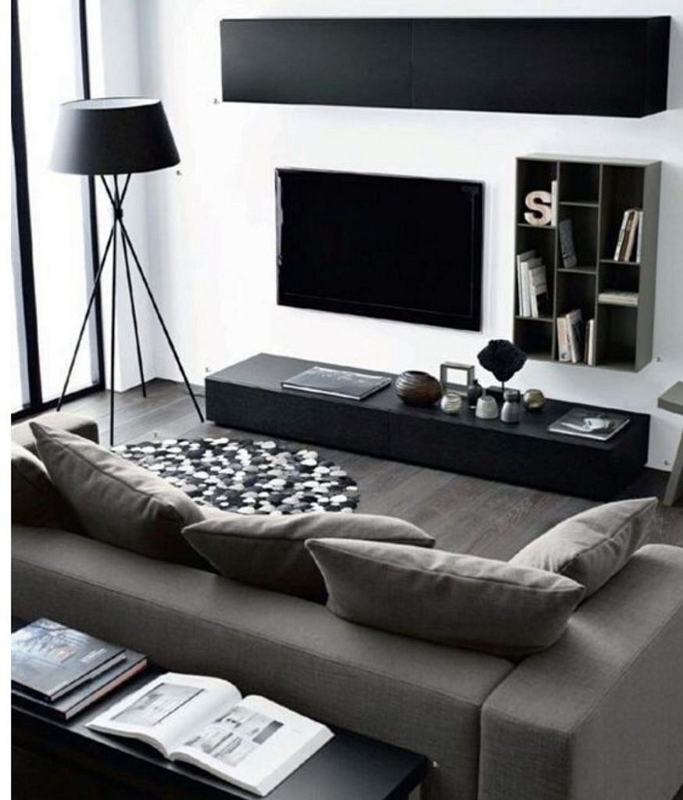 Floating Media Console in Monochromatic Minimalist Living Room Design