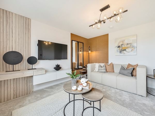 Floating Media Console with Vertical Slat Accent and Nesting Tables