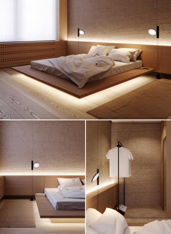 Floating Platform Bed Hidden LED Bedroom Lighting Textured Walls