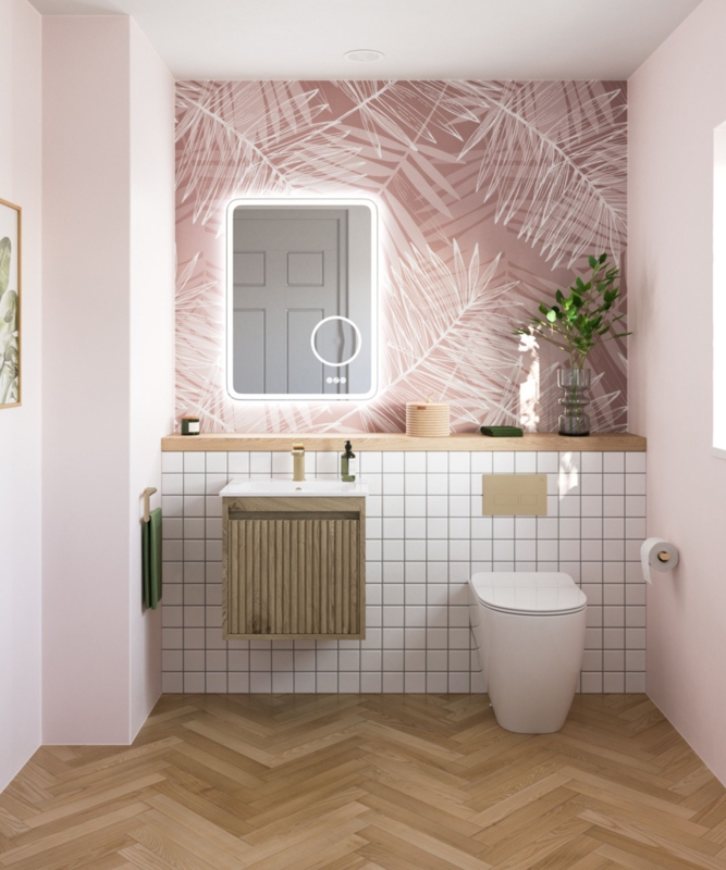 Floating Ribbed Wood Vanity with Pink Tropical Wallpaper