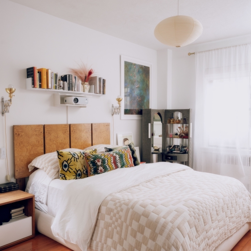Floating Shelf Above Bed with Burl Wood Headboard