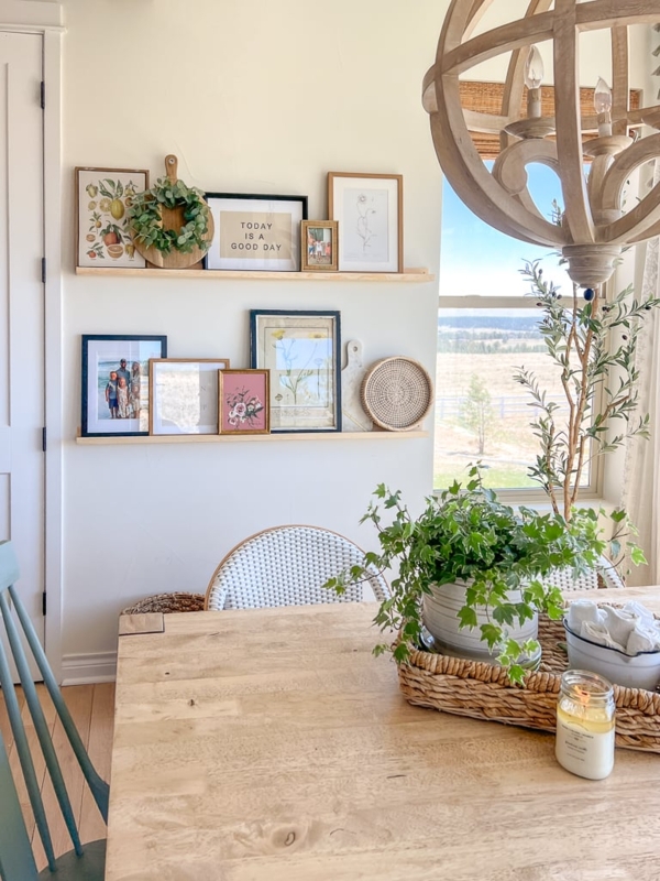 Floating Shelves with Layered Frame Display for Modern Farmhouse Dining