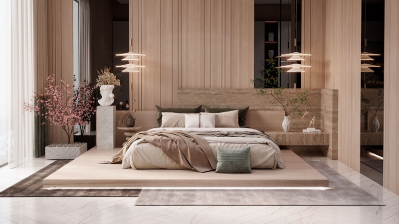 Floating Stone Shelf in Japandi Low Profile Platform Bed