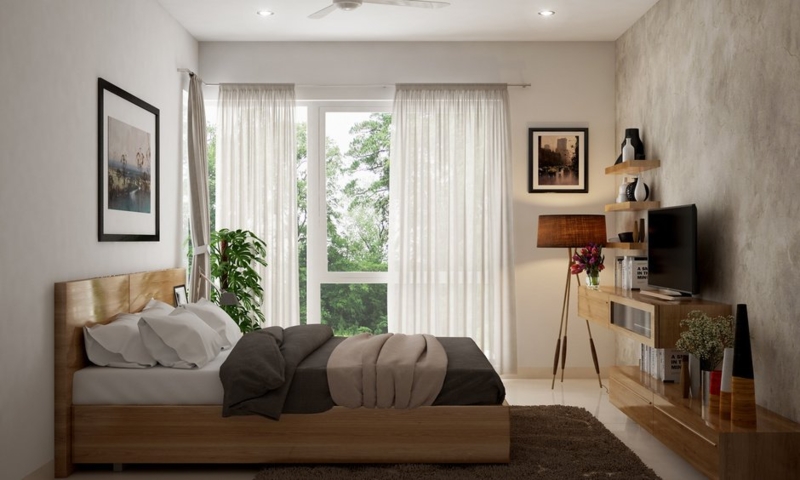 Floating TV Cabinet on Textured Plaster Wall with Wood Toned Bedroom Set