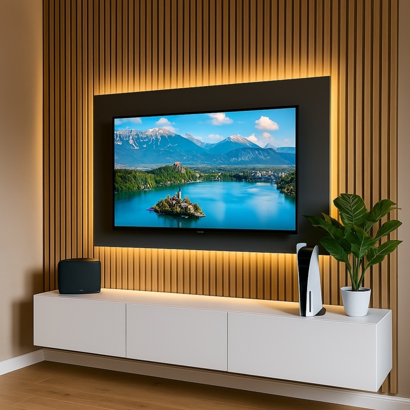 Floating Tv Stand White Console with Warm LED Backlighting Slat Wall