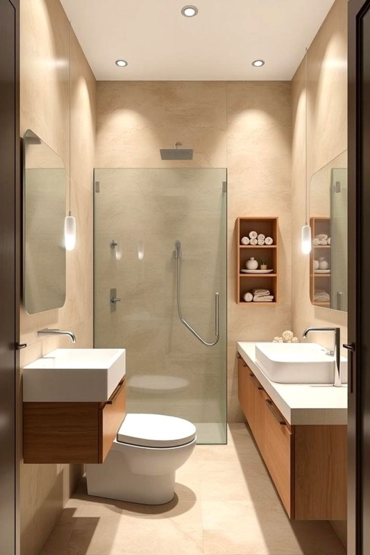Floating Vanities in Narrow Layout with Stone Tiles & Walk-In Shower