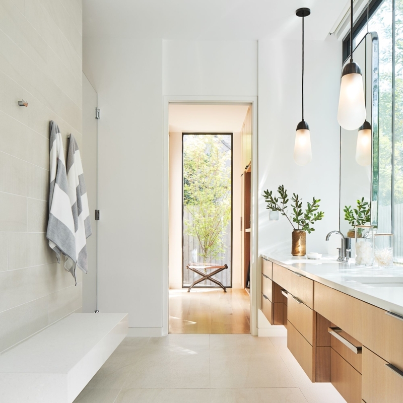 Floating Vanity Minimalist Bathroom Design with Pendant Lighting