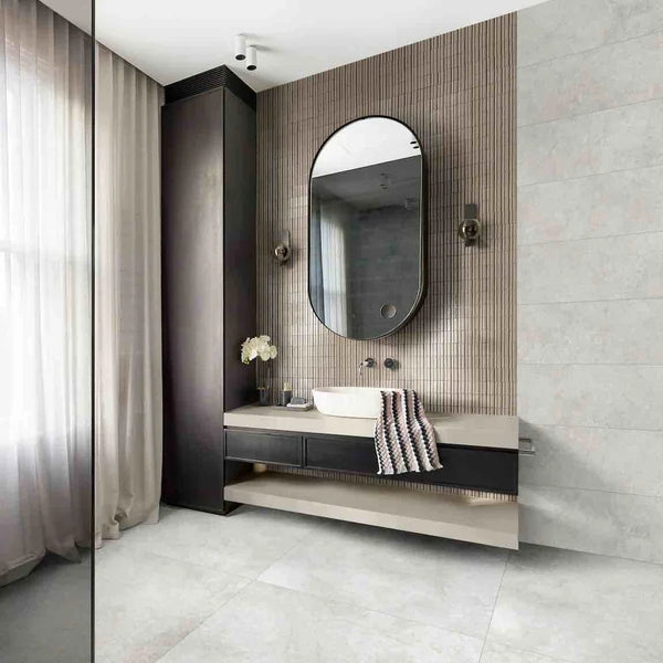 Floating Vanity with Fluted Wall Tiles and Capsule Mirror