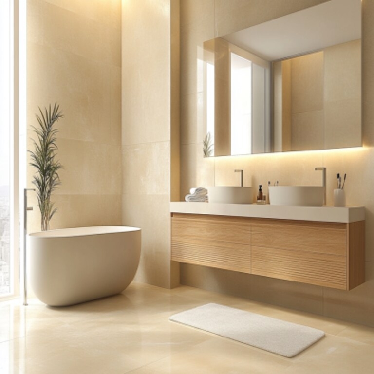 Floating Vanity with Fluted Wood & Backlit Mirror in Minimalist Bathroom