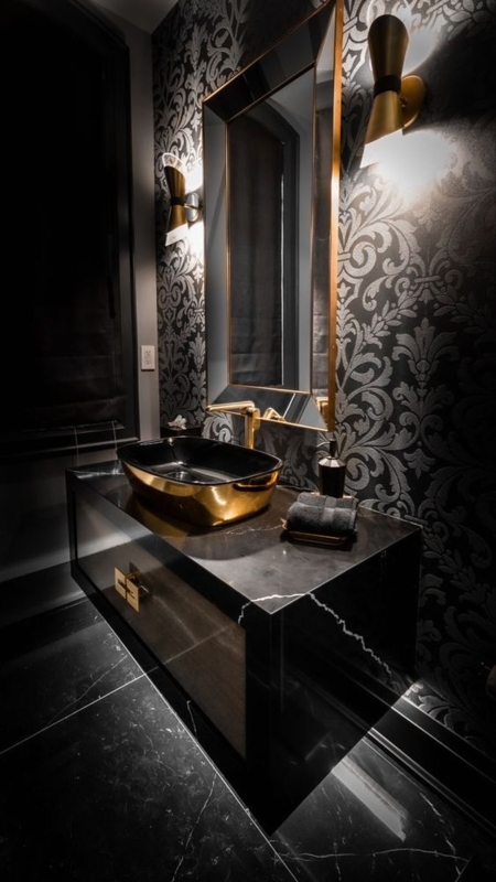 Floating Vanity with Gold Vessel Sink and Dramatic Damask Wallpaper