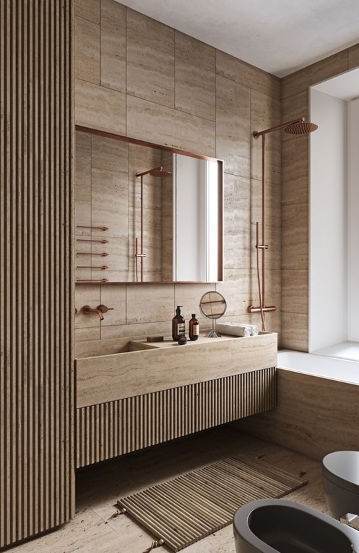 Floating Vanity with Ribbed Front, Integrated Sink & Copper Fixtures