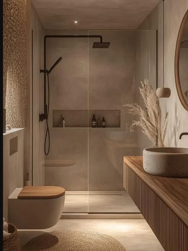 Floating Vanity with Slatted Wood Front & Pebble Mosaic Wall in Japandi Bath