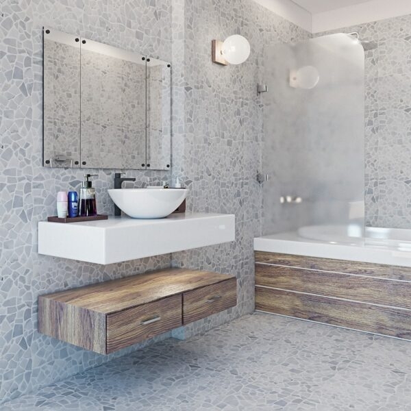 Floating Vanity with Wood Drawers and Grey Stone Mosaic Tile Bathroom