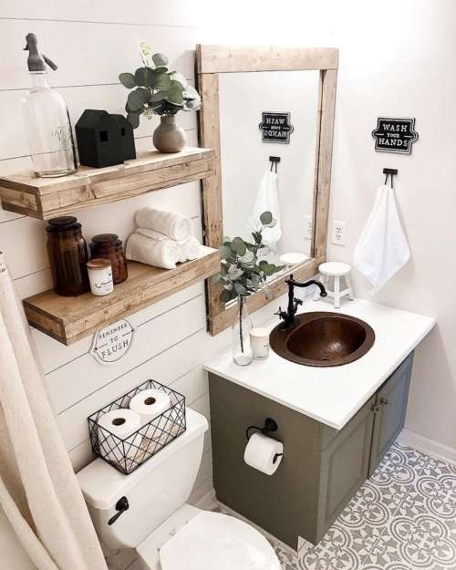 Floating Wood Bathroom Shelves with Green Vanity and Shiplap Walls