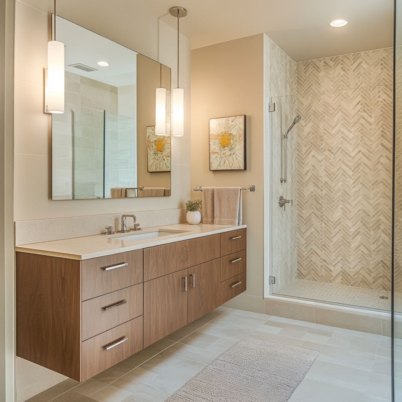 Floating Wood Bathroom Vanity with Herringbone Tile Walk-in Shower