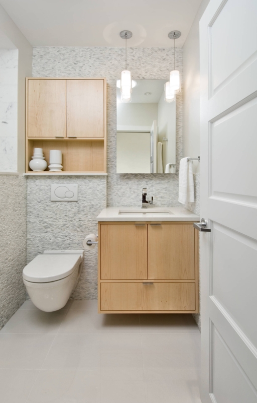 Floating Wood Bathroom Vanity with Textured Stone Wall