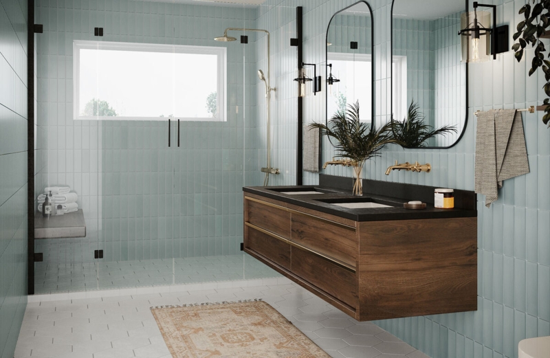 Floating Wood Double Vanity against Seafoam Green Vertical Stack Bond Tile