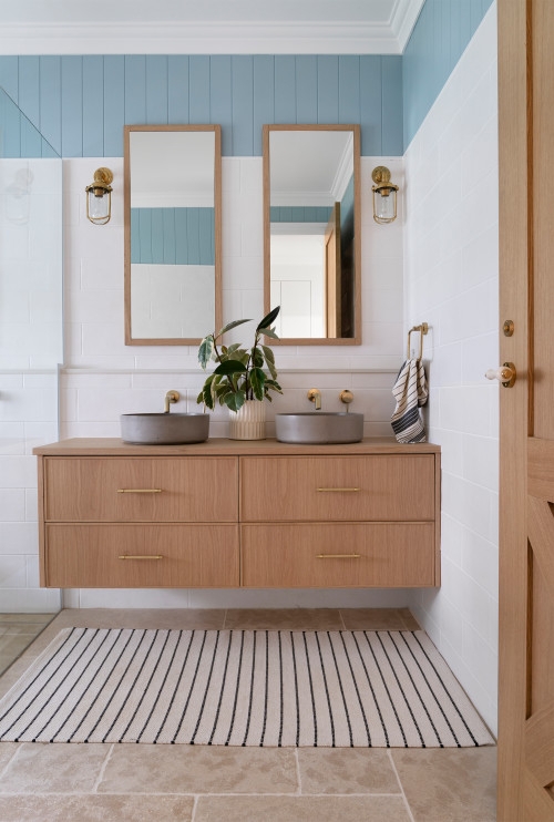 Floating Wood Double Vanity with Grey Vessel Basins and Beadboard Trim