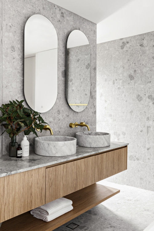 Floating Wood Double Vanity with Oval Capsule Mirrors