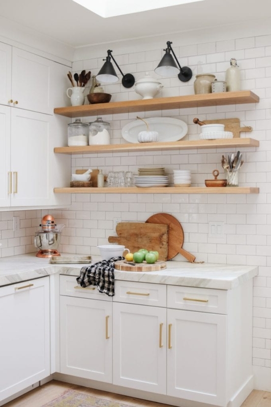 Floating Wood Shelves with Black Sconces and Copper Stand Mixer