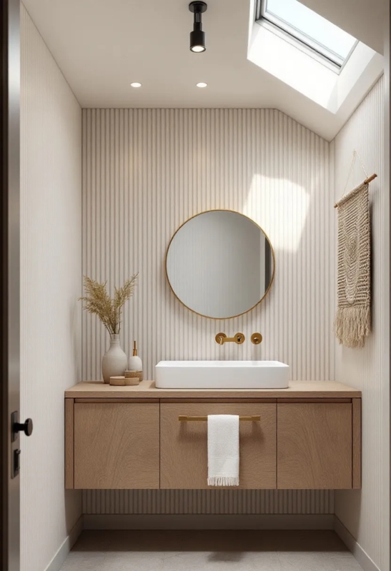 Floating Wood Vanity, Fluted Wall Panels, Neutral Bathroom Vanity Design