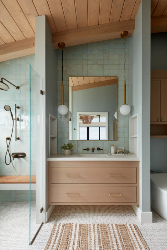 Floating Wood Vanity with Aqua Square Tiles and Globe Pendants