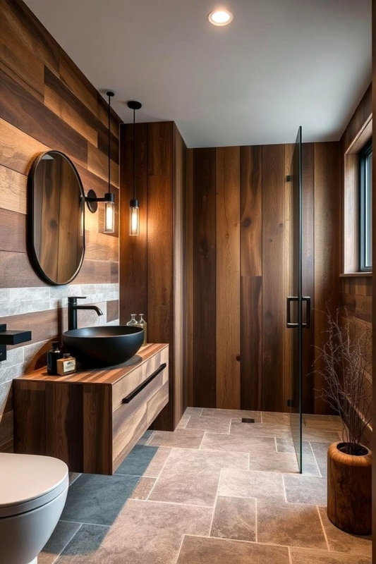 Floating Wood Vanity with Black Vessel Sink and Wood Paneling