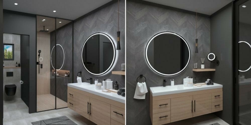 Floating Wood Vanity with Charcoal Herringbone Wall and Mirror