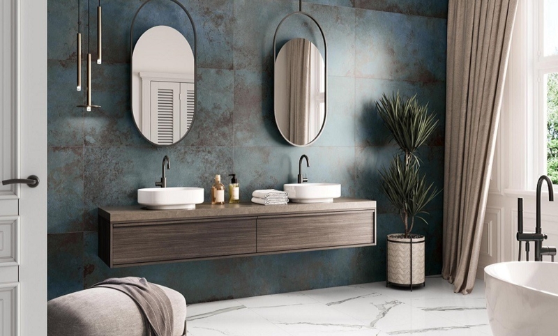 Floating Wood Vanity with Textured Tile Walls & Vessel Sinks